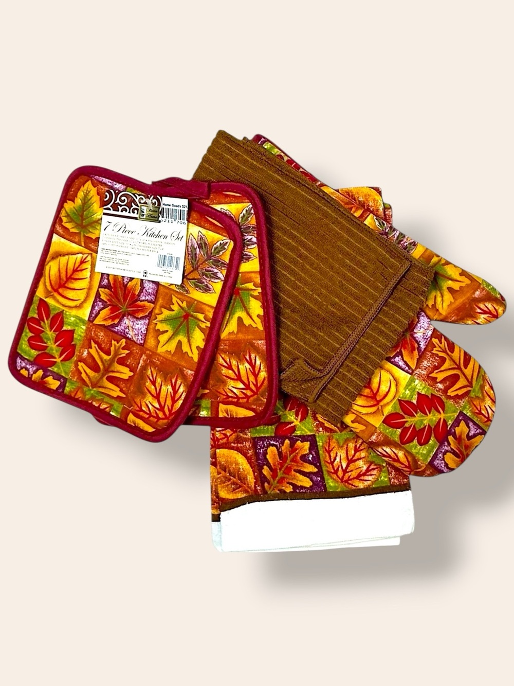 Kitchen Linen Set Vibrant Rustic Autumn Leafs Print 7 Piece set Brown Burgundy